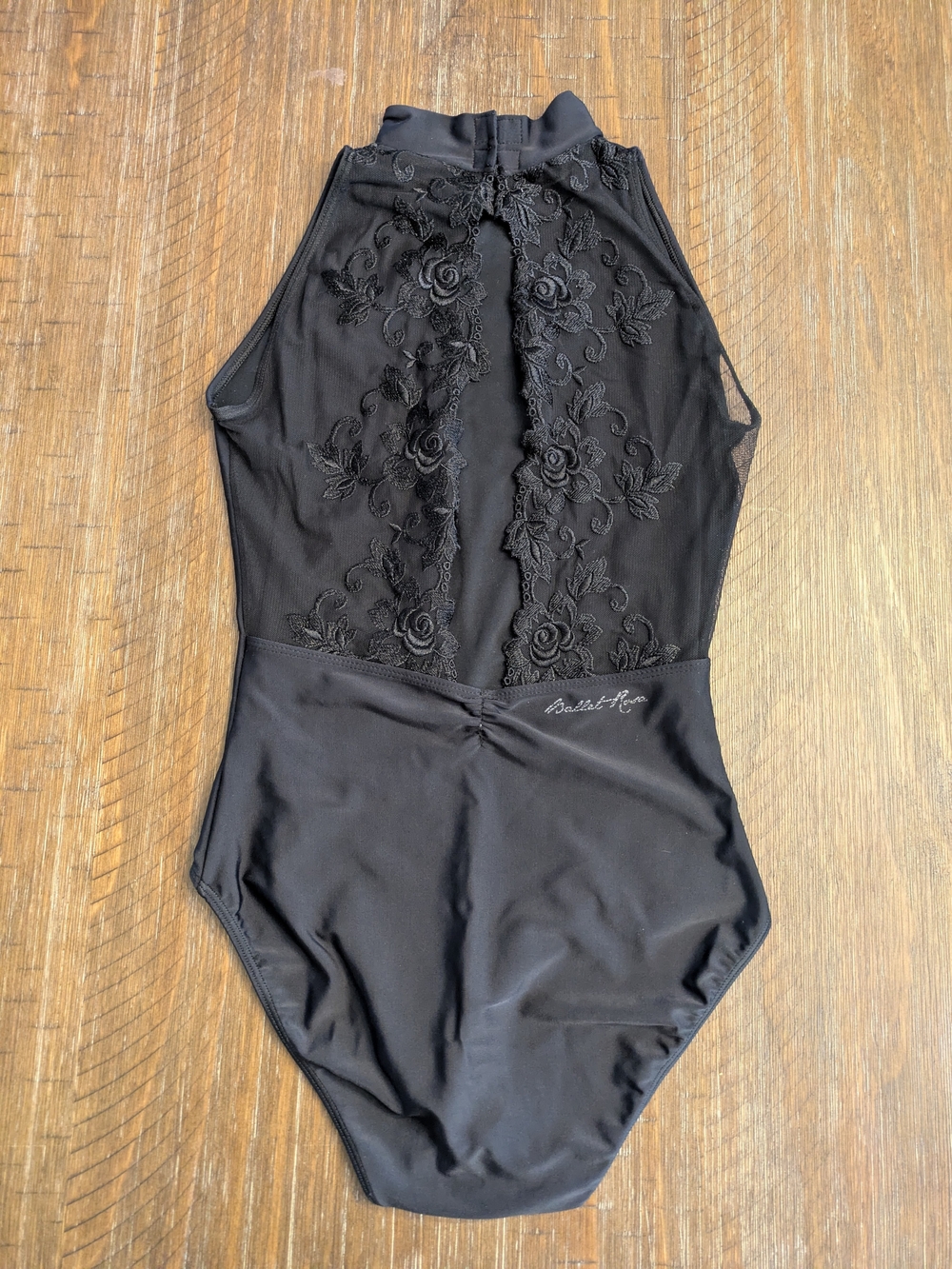 Womans Bella Rosa Black Floral Lace-Back Leotard Size S